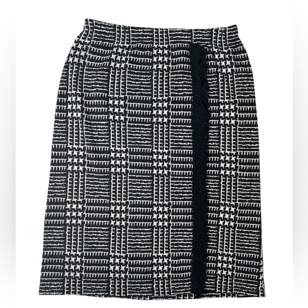 Kim Roger plaid fringe trim pull on knit Knee skirt Black N White Patterned SZ L